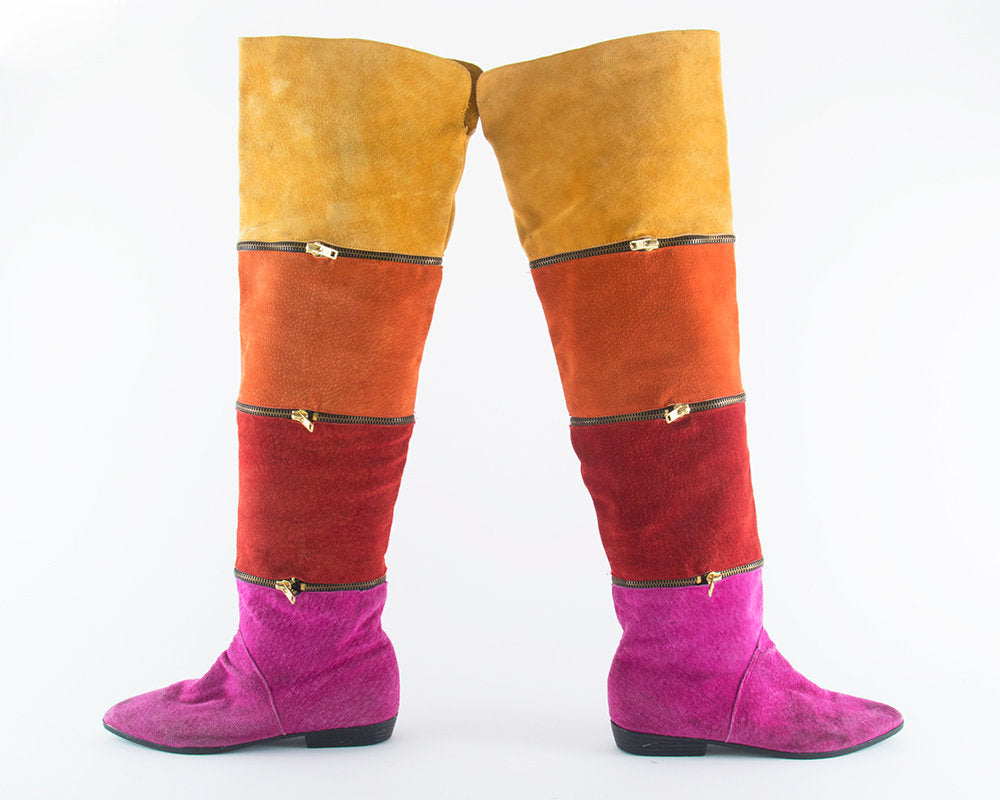 Vintage 1980s Boots | 80s Rainbow Striped Suede Zippers Over The Knee High Almond Toes Boots (size US 7/7.5)