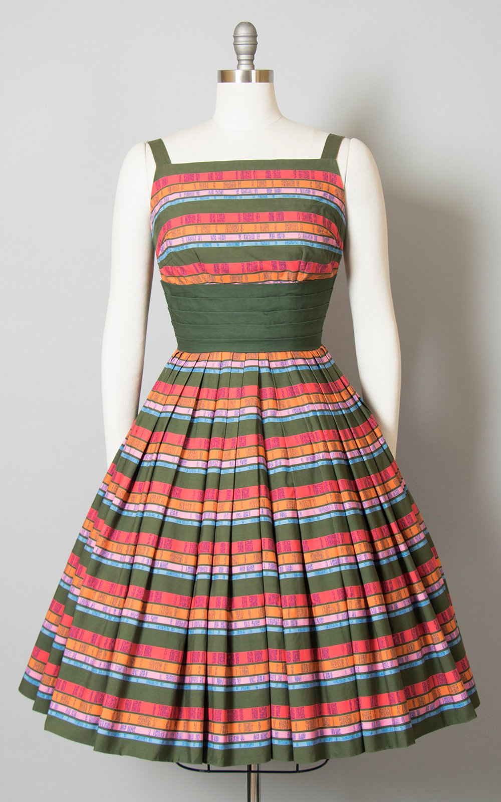 Vintage 1950s Dress | 50s Rainbow Striped Cotton Sundress Pintuck Pleated Full Skirt Day Dress (small)