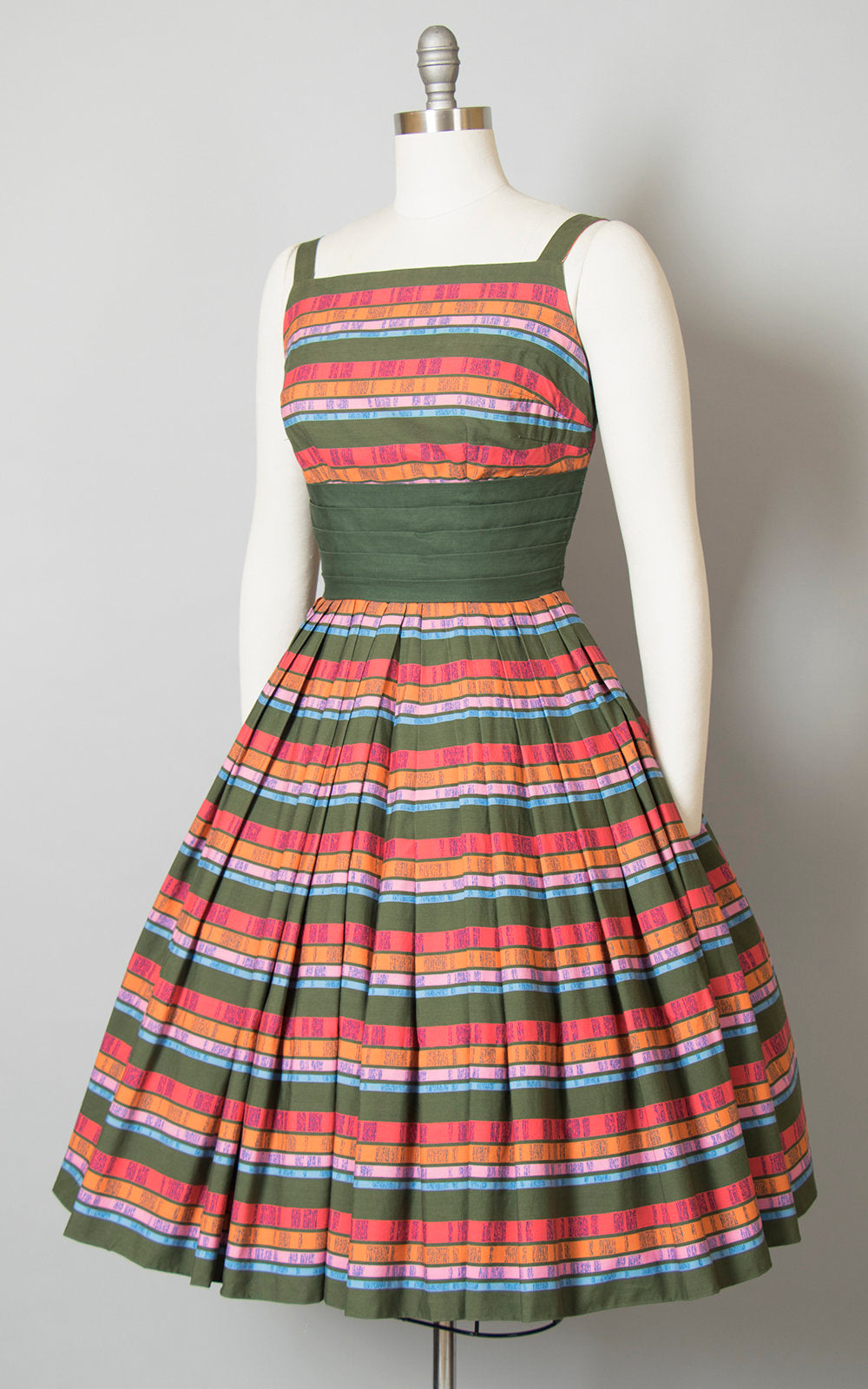 Vintage 1950s Dress | 50s Rainbow Striped Cotton Sundress Pintuck Pleated Full Skirt Day Dress (small)