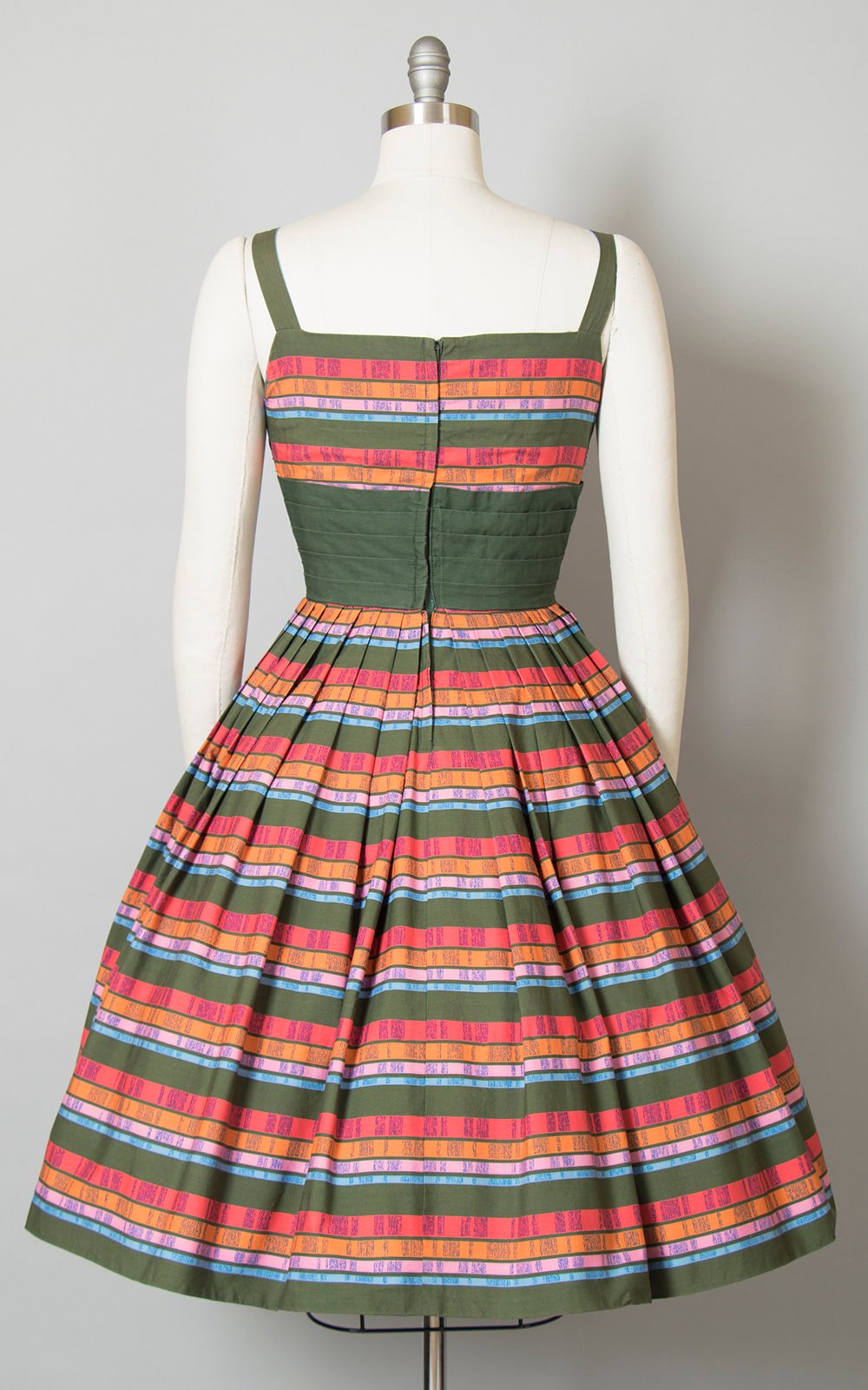 Vintage 1950s Dress | 50s Rainbow Striped Cotton Sundress Pintuck Pleated Full Skirt Day Dress (small)