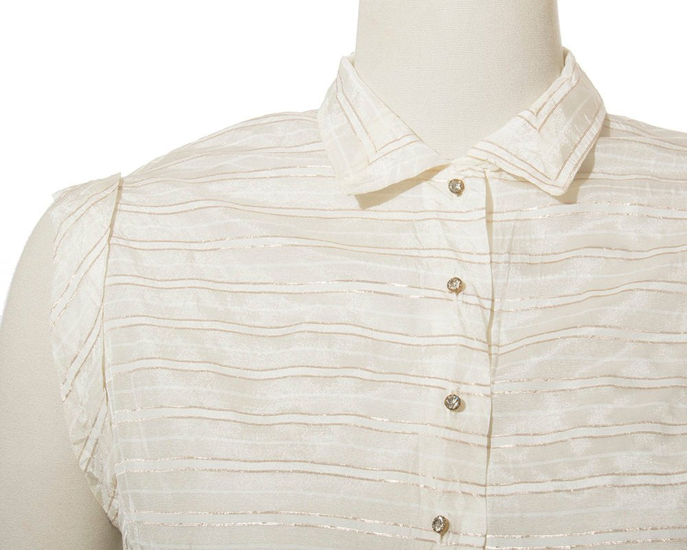 Vintage 1950s Blouse | 50s Metallic Gold Lurex Striped Cream Nylon Rhinestone Buttons Collared Holiday Party Top (medium)