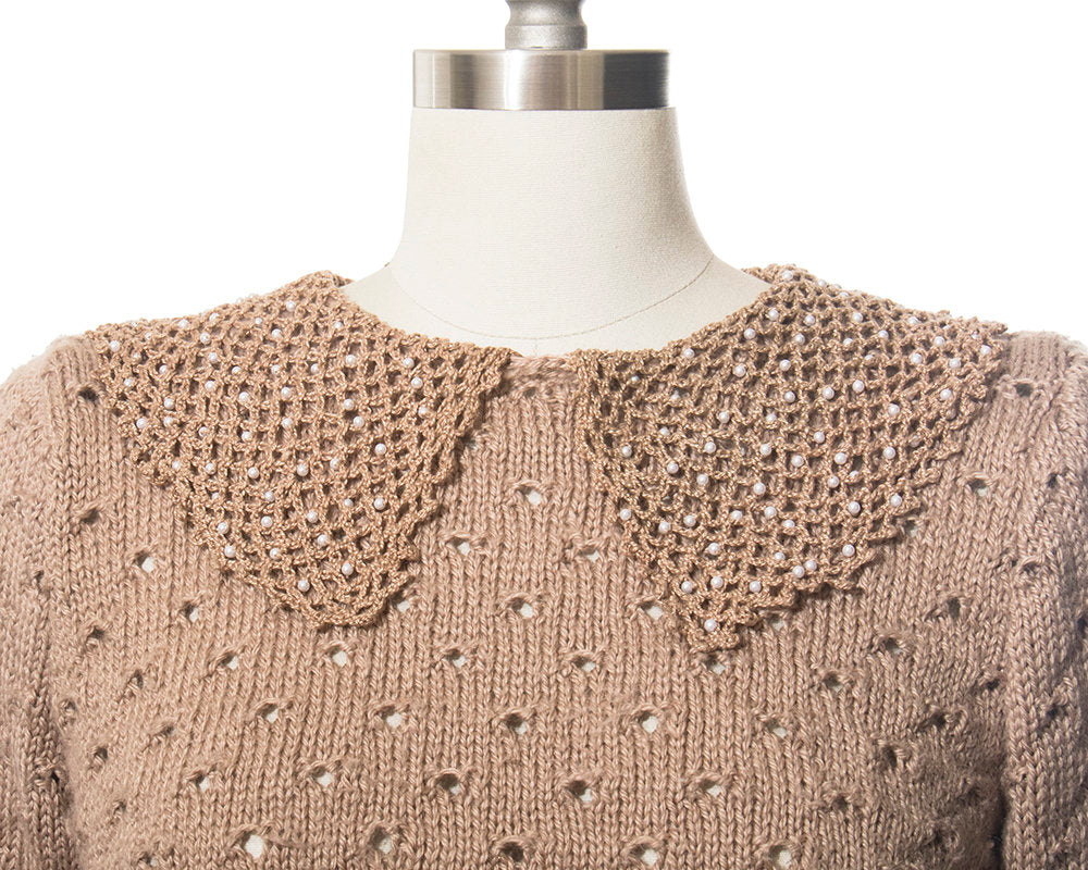 Vintage 1970s Sweater | 70s Tan Open Knit Faux Pearl Beaded Collar Pullover Sweater Top (medium/large)