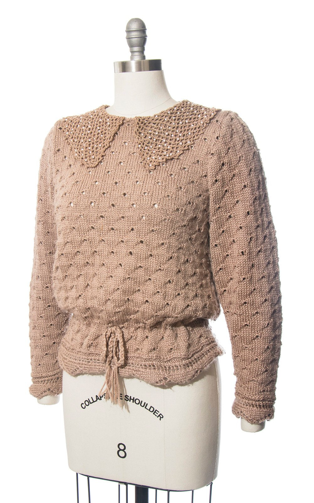 Vintage 1970s Sweater | 70s Tan Open Knit Faux Pearl Beaded Collar Pullover Sweater Top (medium/large)