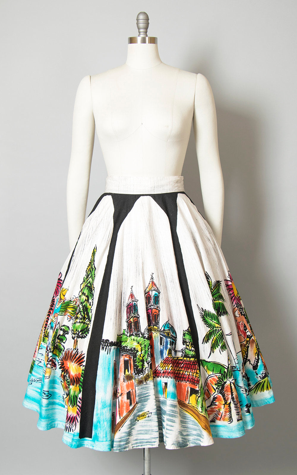 Vintage 1950s Circle Skirt | 50s Mexican Novelty Print Cotton Hand Painted Scenic Panel Souvenir Skirt (medium)