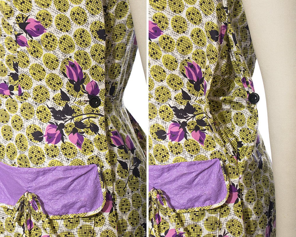 Vintage 1940s Dress | 40s Rose Floral Polka Dot Print Cotton Shirt Dress Purple Lime Green Shirtwaist Day Dress with Pockets (medium)