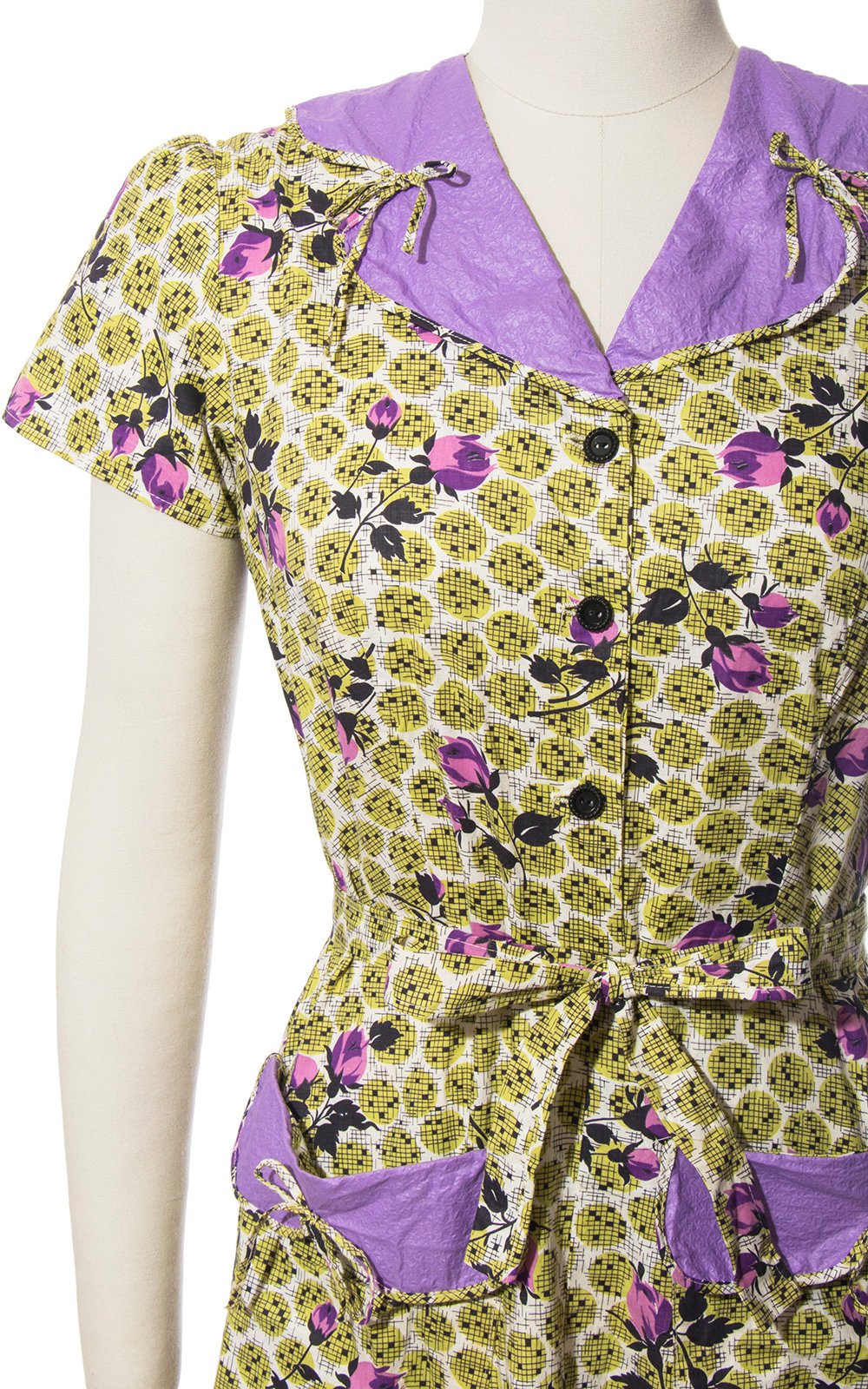 Vintage 1940s Dress | 40s Rose Floral Polka Dot Print Cotton Shirt Dress Purple Lime Green Shirtwaist Day Dress with Pockets (medium)