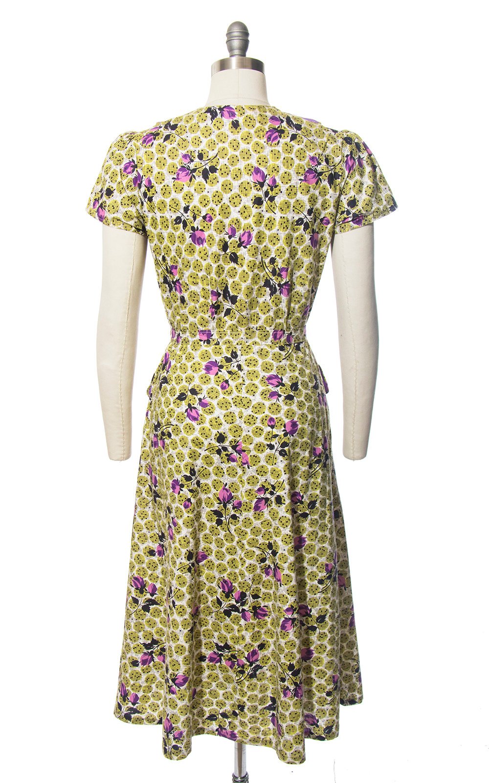 Vintage 1940s Dress | 40s Rose Floral Polka Dot Print Cotton Shirt Dress Purple Lime Green Shirtwaist Day Dress with Pockets (medium)