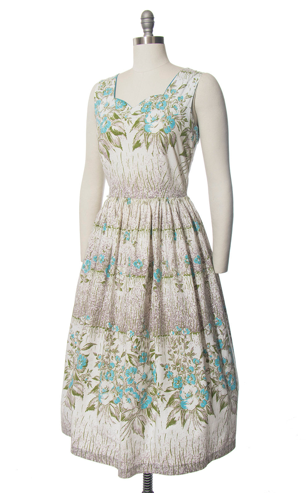 Vintage 1940s 1950s Dress | 40s 50s Floral Border Print Cotton Sundress Blue White Full Skirt Day Dress with Pocket (small)