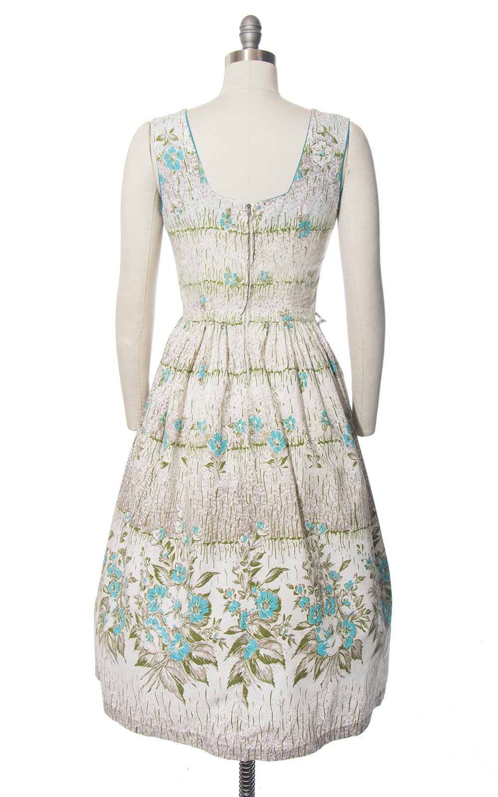 Vintage 1940s 1950s Dress | 40s 50s Floral Border Print Cotton Sundress Blue White Full Skirt Day Dress with Pocket (small)