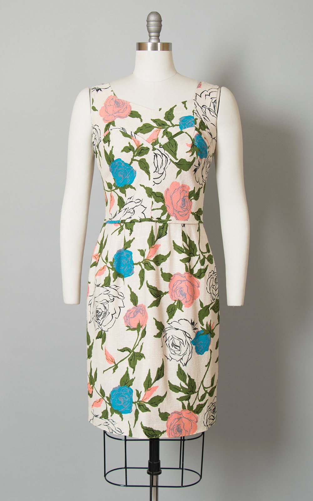 Vintage 1960s Dress | 60s Rose Floral Print Cocktail Dress Rayon Silk Cream Open Back Wiggle Sundress (medium)