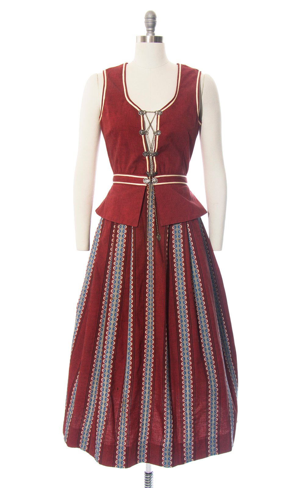 Vintage 1950s Dirndl Dress | 50s Striped Cotton Sundress Burgundy Lace Up Traditional Oktoberfest Dirndl w/ Attachable Peplum (small)