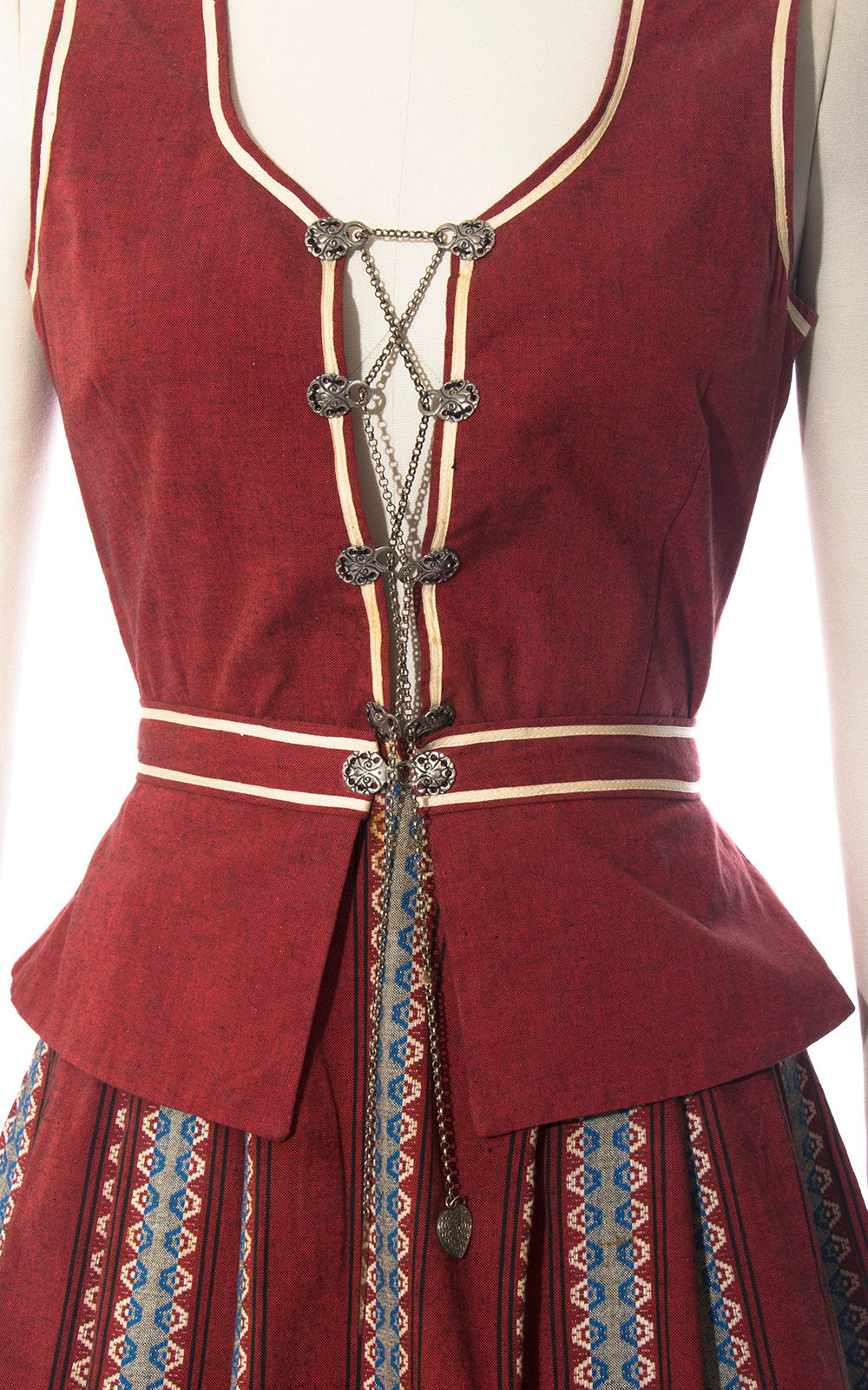 Vintage 1950s Dirndl Dress | 50s Striped Cotton Sundress Burgundy Lace Up Traditional Oktoberfest Dirndl w/ Attachable Peplum (small)