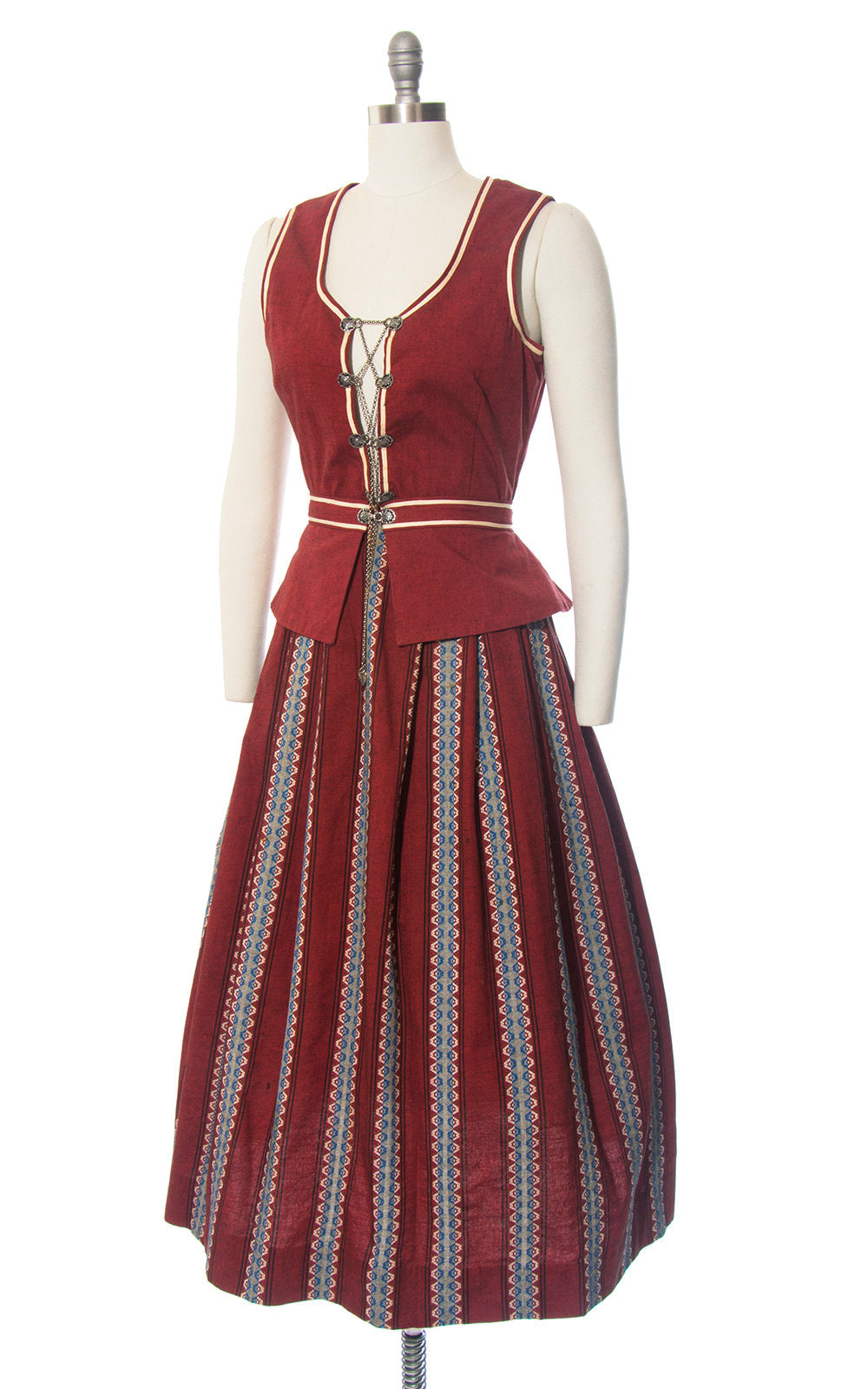 Vintage 1950s Dirndl Dress | 50s Striped Cotton Sundress Burgundy Lace Up Traditional Oktoberfest Dirndl w/ Attachable Peplum (small)