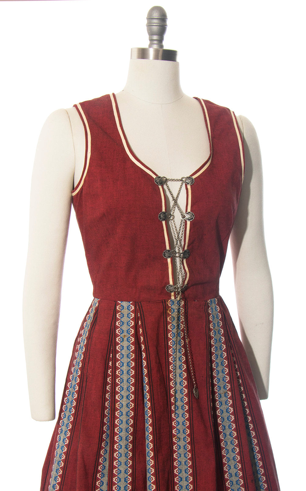 Vintage 1950s Dirndl Dress | 50s Striped Cotton Sundress Burgundy Lace Up Traditional Oktoberfest Dirndl w/ Attachable Peplum (small)