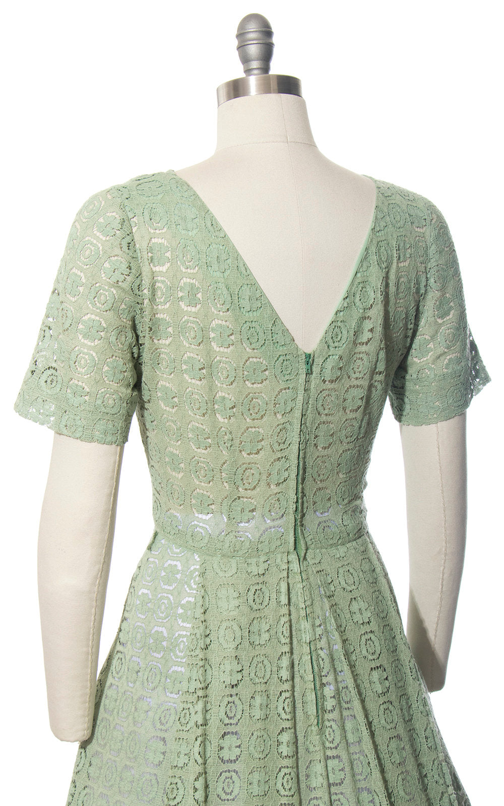 Vintage 1950s Dress | 50s Sage Green Lace Sheer Full Skirt Day Dress (medium)