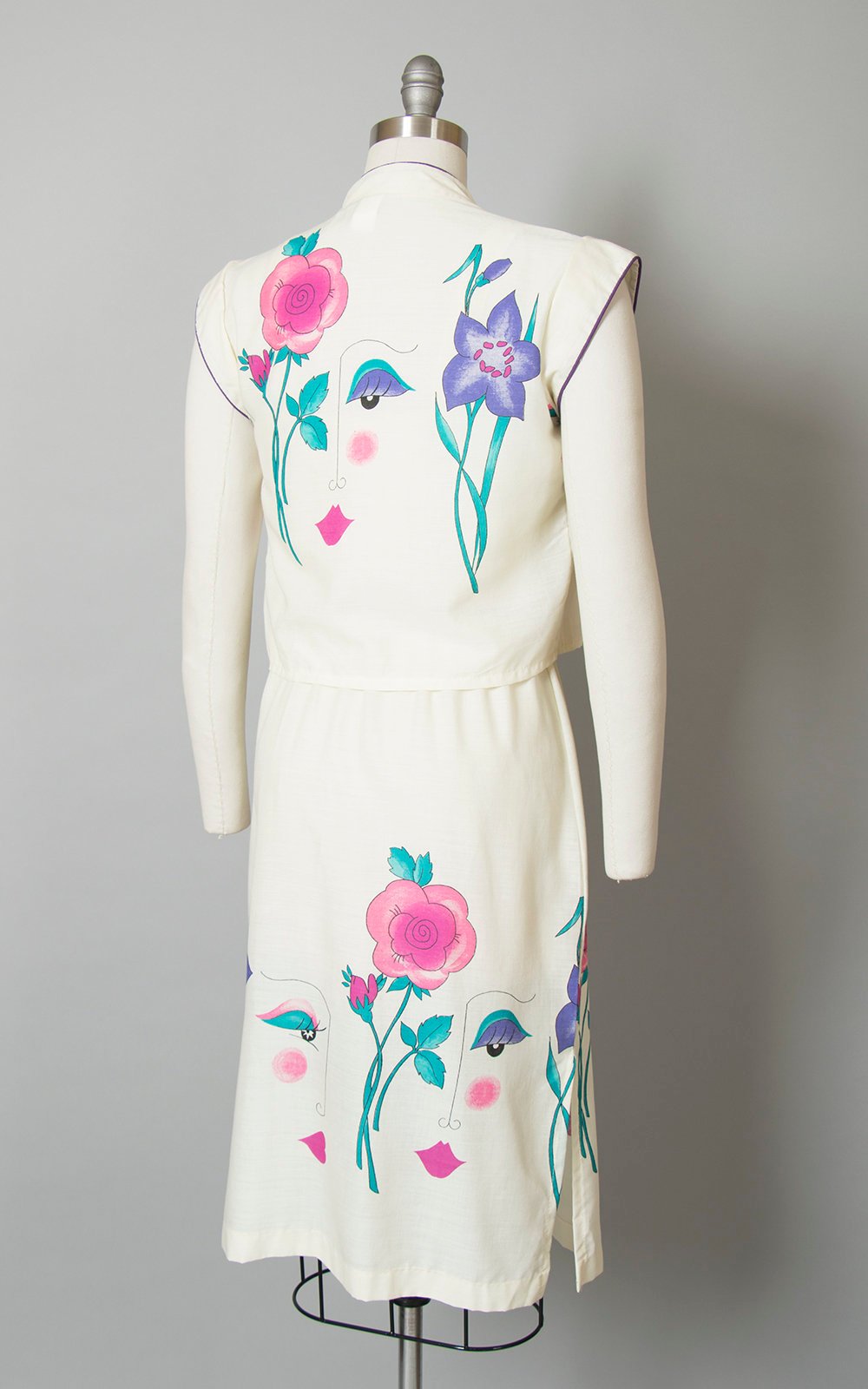 Vintage 1970s 1980s Dress Set | 70s 80s Avant-Garde Novelty Print Floral Cream Cotton Sundress Bolero 2 Piece Matching Set (xs/small)
