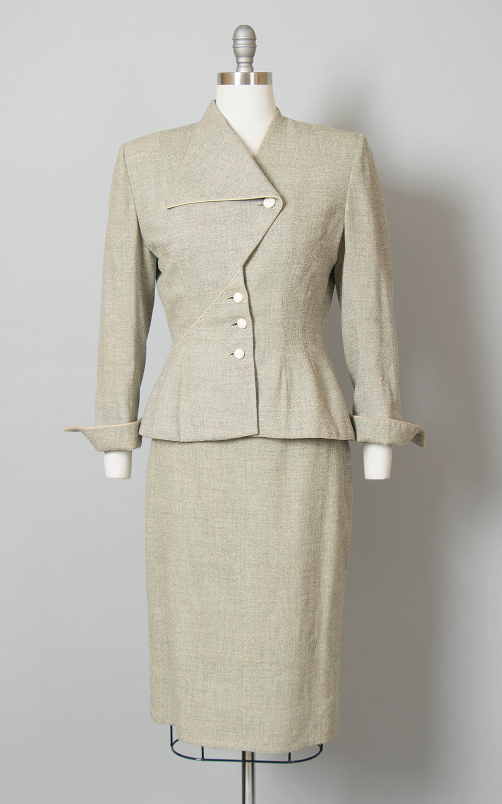 Vintage 1950s Suit | 50s LILLI ANN Grey Flecked Nubby Wool Asymmetrical Tailored 2 Piece Blazer Skirt Suit (small/medium)