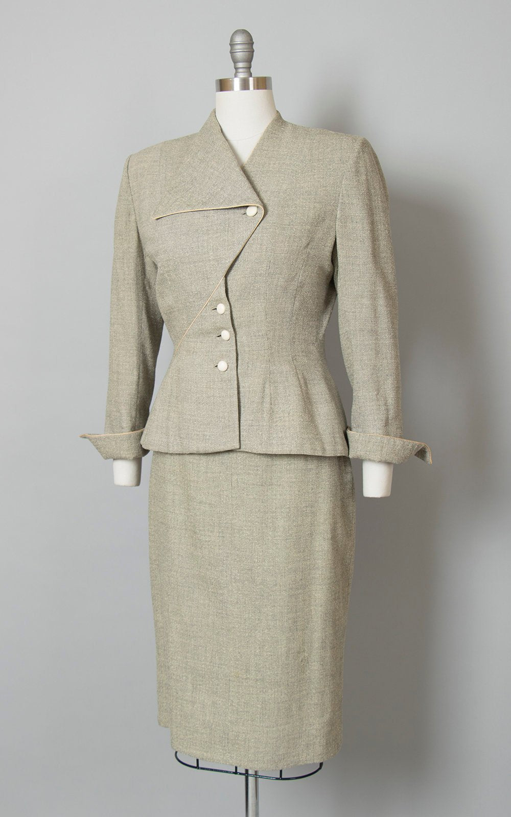 Vintage 1950s Suit | 50s LILLI ANN Grey Flecked Nubby Wool Asymmetrical Tailored 2 Piece Blazer Skirt Suit (small/medium)