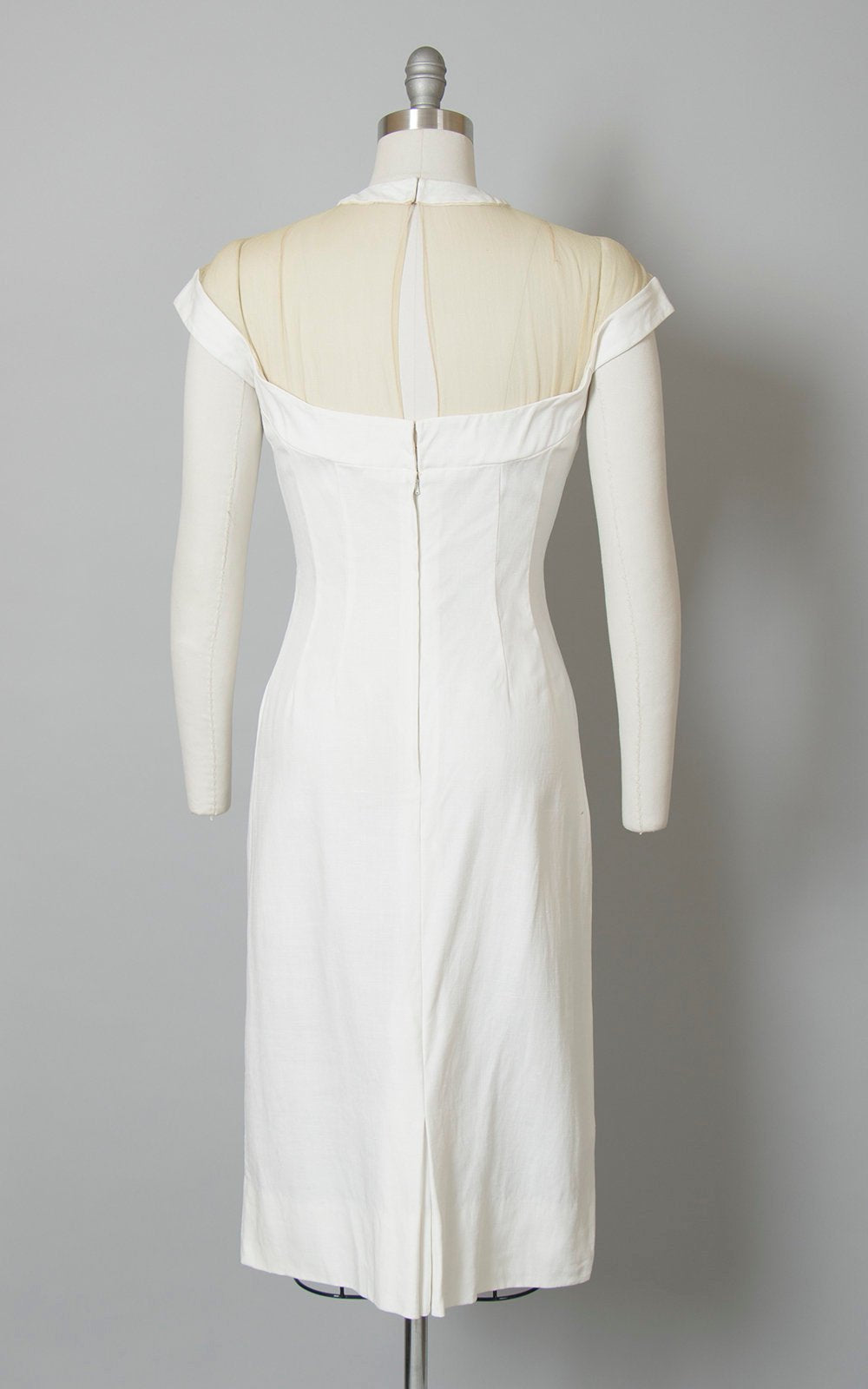 1950s Rhinestone Sheer Mesh White Linen Wiggle Dress | small Birthday Life Vintage 1950s Rhinestone Sheer Mesh White Linen Wiggle Dress | small Birthday Life Vintage