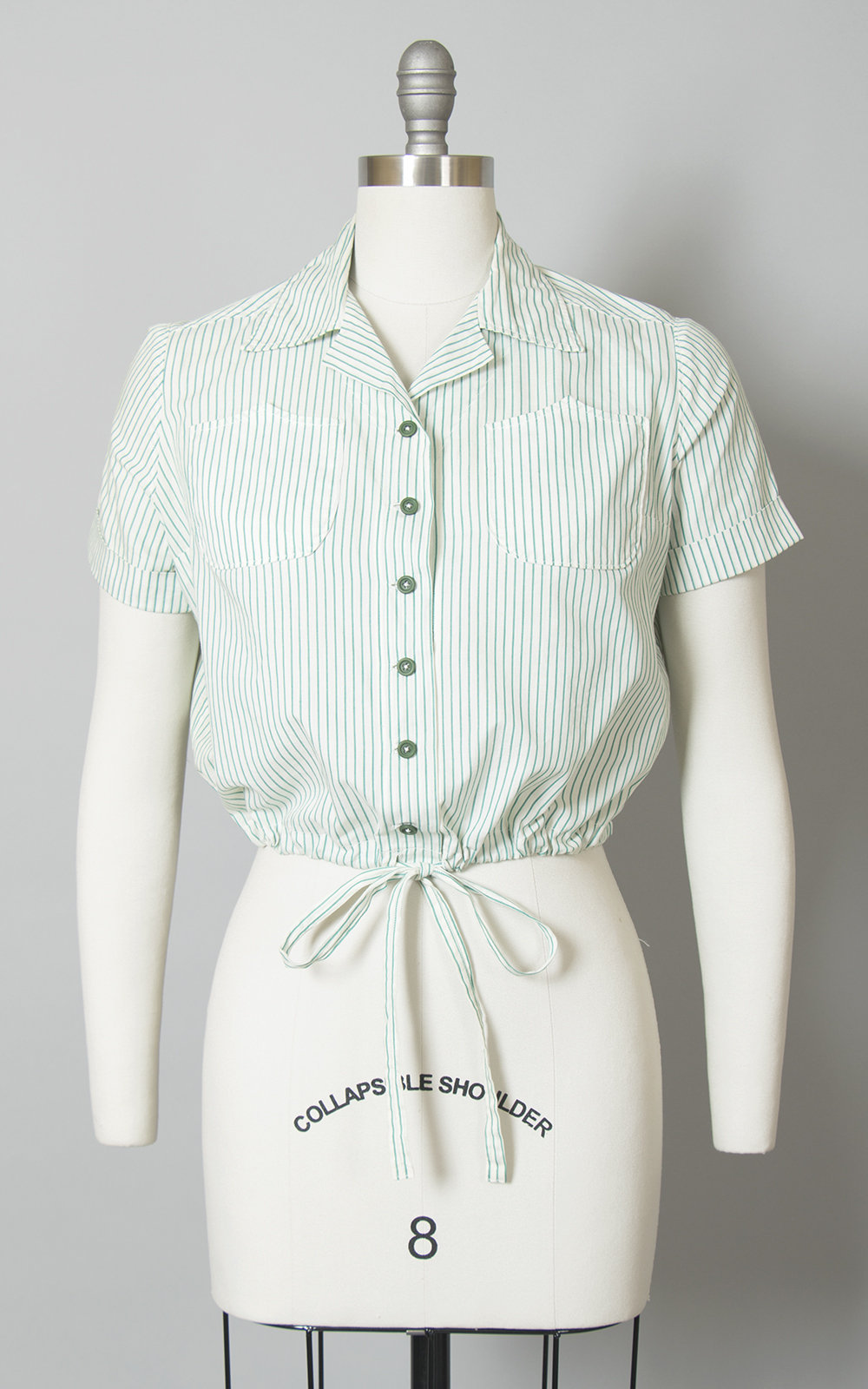 Vintage 1950s 1960s Blouse | 50s 60s Green Striped Cotton Drawstring Button Up Crop Top (medium)