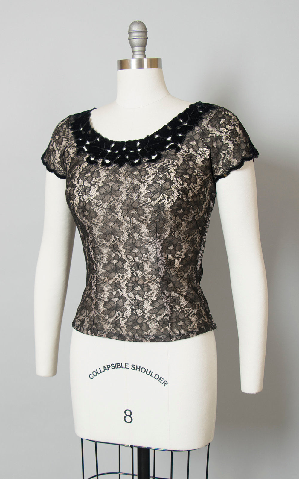 Vintage 1950s Blouse | 50s Black Lace Sheer Nude Illusion Top w/ Cutout Velvet Leaves (small)