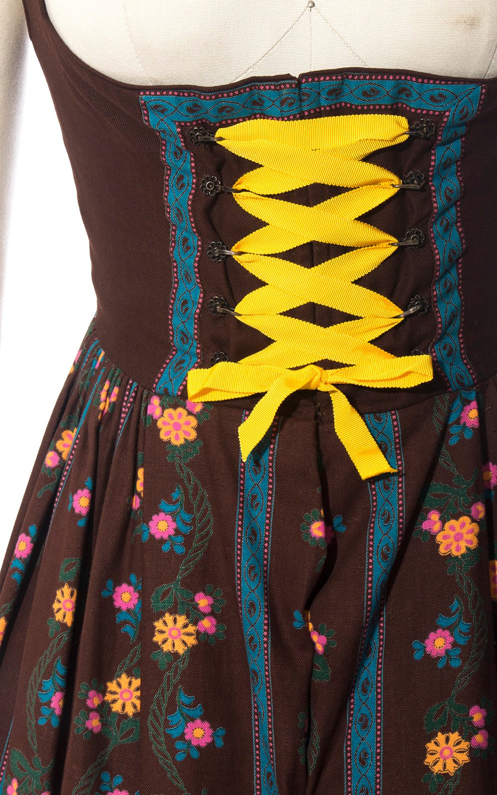 Vintage 1970s Dirndl Dress | 70s Floral Striped Cotton Sundress Brown Traditional Austrian Oktoberfest Dirndl (medium)