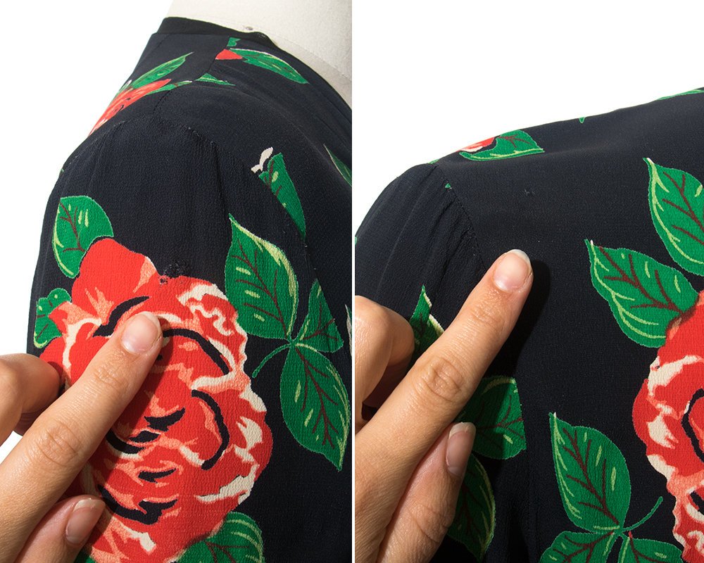 Vintage 1940s Dress | 40s Rose Floral Print Rayon Crepe Black Red Draped Wiggle Cocktail Dress (medium)