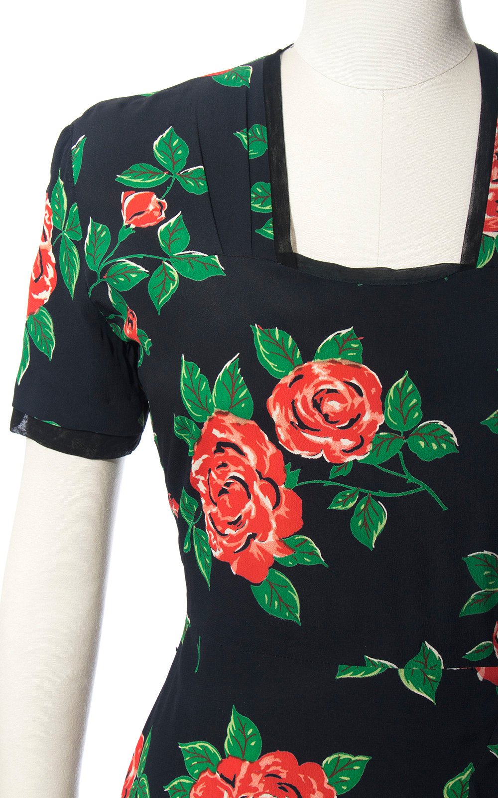 Vintage 1940s Dress | 40s Rose Floral Print Rayon Crepe Black Red Draped Wiggle Cocktail Dress (medium)