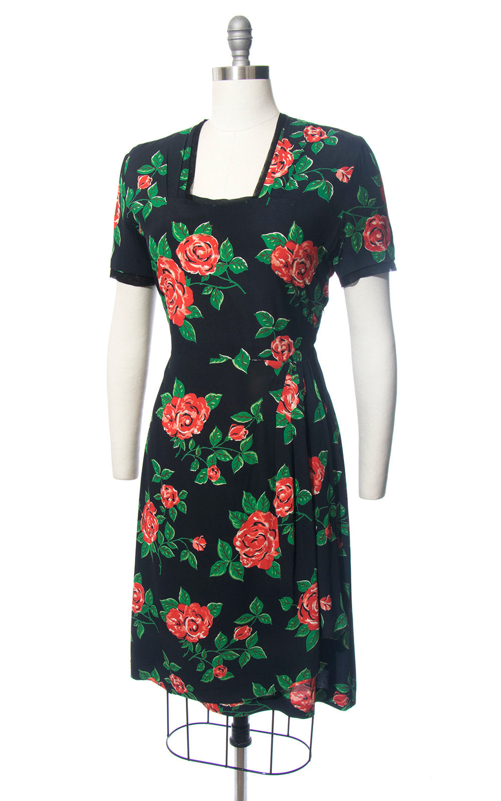 Vintage 1940s Dress | 40s Rose Floral Print Rayon Crepe Black Red Draped Wiggle Cocktail Dress (medium)