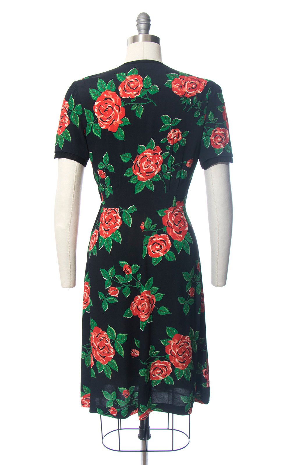 Vintage 1940s Dress | 40s Rose Floral Print Rayon Crepe Black Red Draped Wiggle Cocktail Dress (medium)