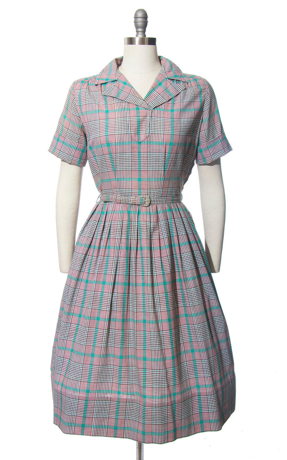 Vintage 1950s Dress | 50s Plaid Tartan Cotton Red Teal Full Skirt Day Dress w/ Belt (medium)