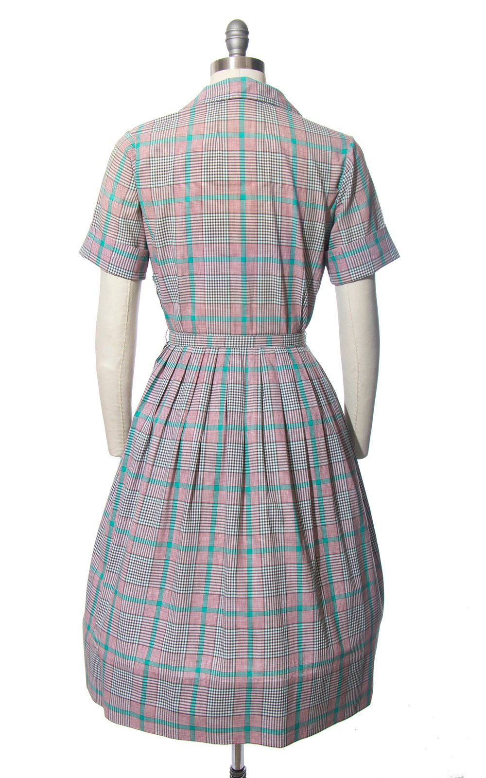Vintage 1950s Dress | 50s Plaid Tartan Cotton Red Teal Full Skirt Day Dress w/ Belt (medium)