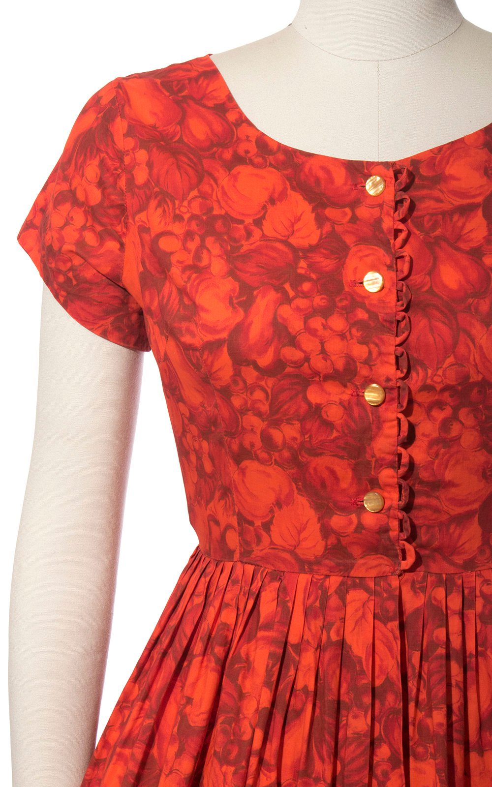 Vintage 1950s Dress | 50s MODE O&#39; DAY Fruit Novelty Print Cotton Shirtwaist Red Full Skirt Day Dress (medium)