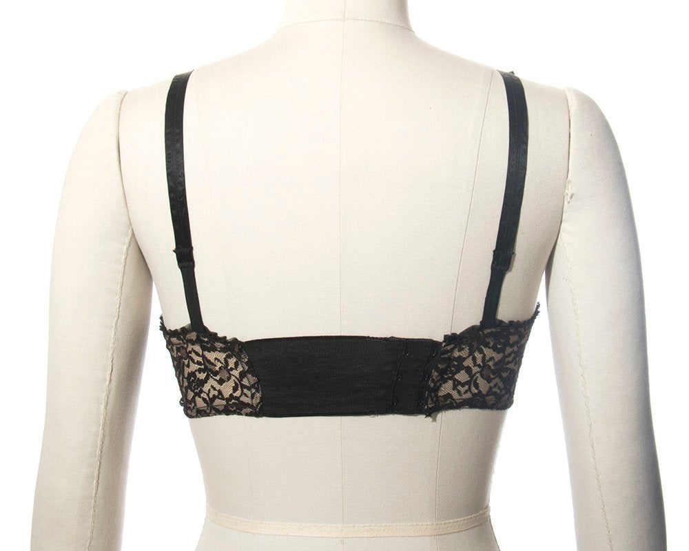 Vintage 1950s Bullet Bra | 50s Sheer Black Lace Full Coverage Bra Without Underwire (32C)