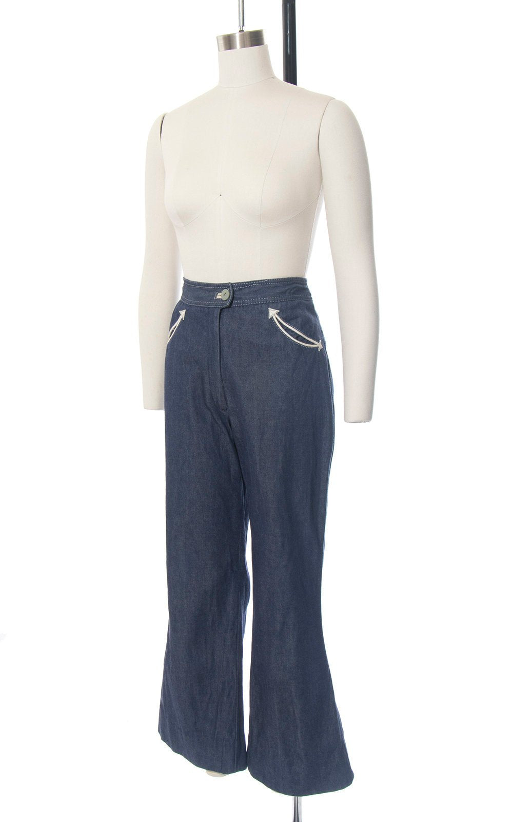 Vintage 1970s Jeans | 70s MS PIONEER Western Bell Bottoms Blue Denim High Waisted Arrow Pockets Flared Pants (medium)