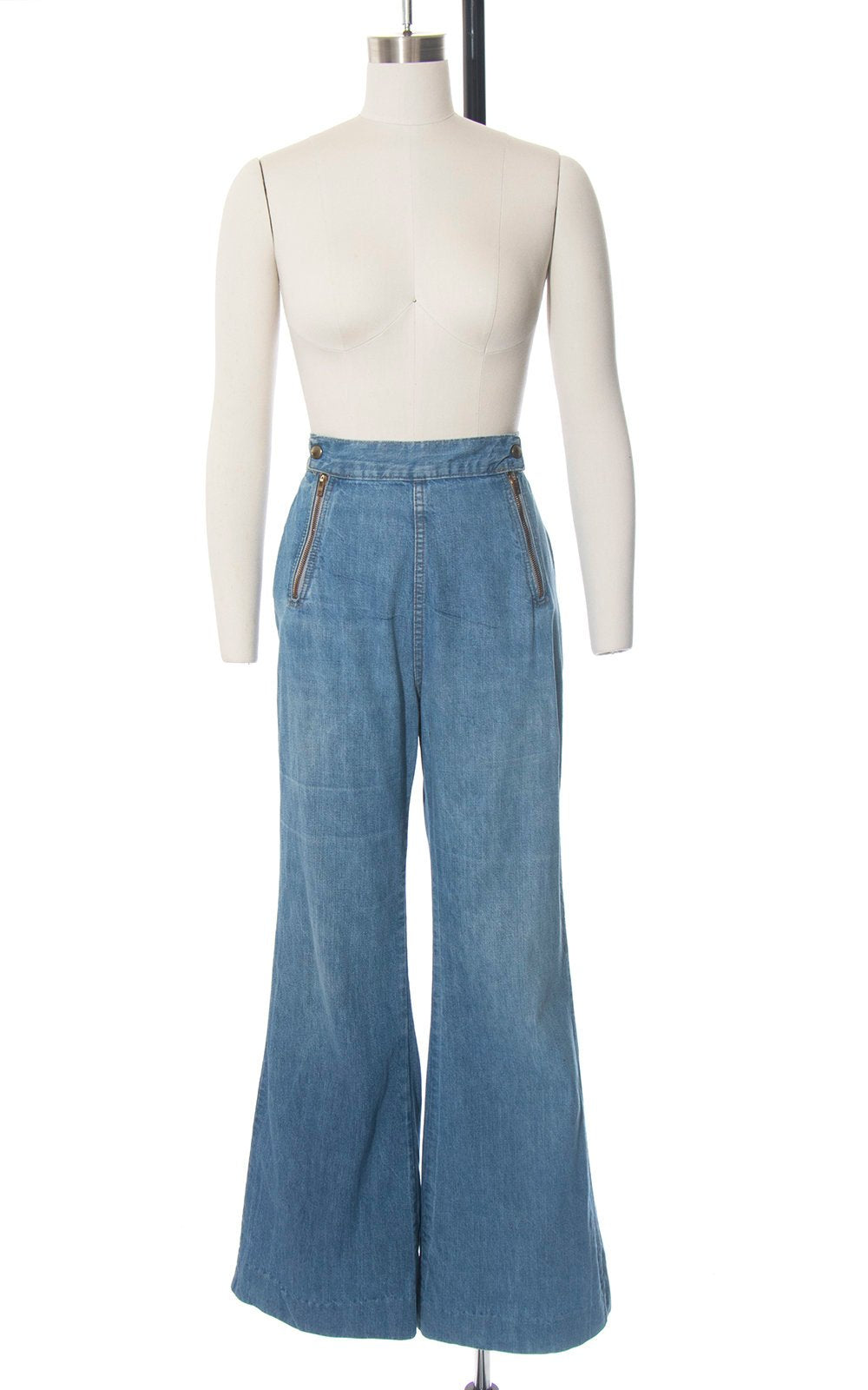 Vintage 1970s Bell Bottoms | 70s Double Zippered Light Blue Wash Denim Jeans High Waisted Distressed Flared Pants (medium)