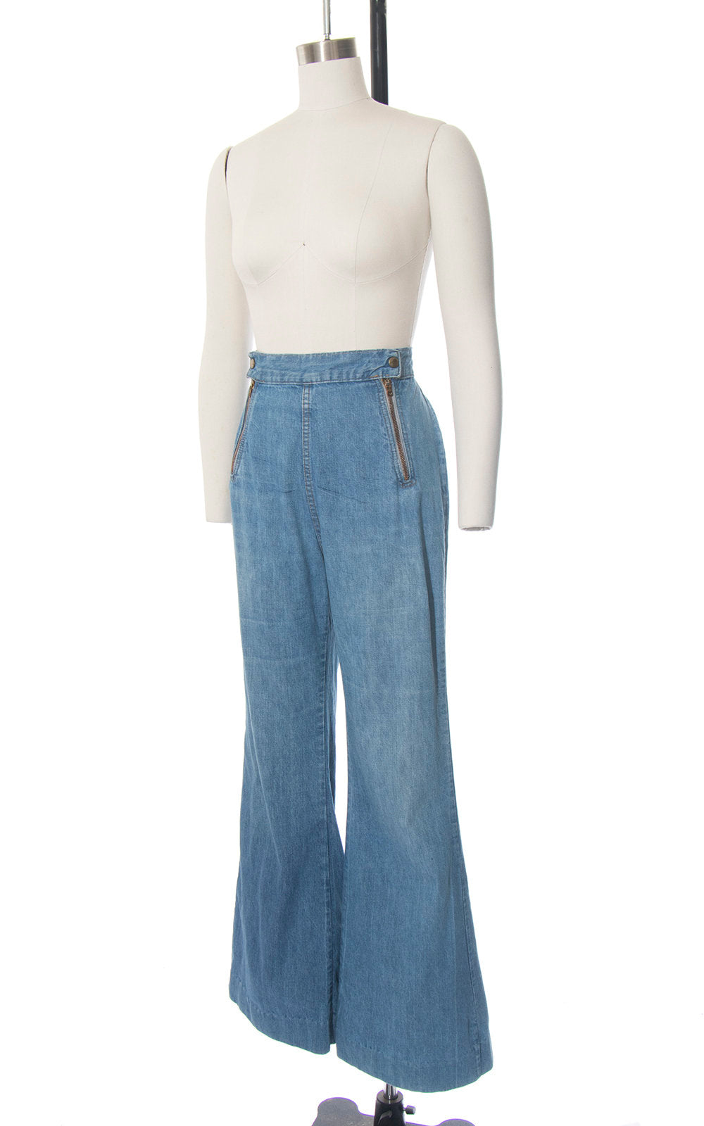 Vintage 1970s Bell Bottoms | 70s Double Zippered Light Blue Wash Denim Jeans High Waisted Distressed Flared Pants (medium)