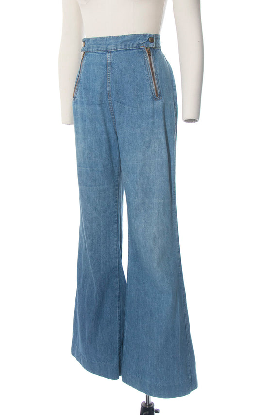 Vintage 1970s Bell Bottoms | 70s Double Zippered Light Blue Wash Denim Jeans High Waisted Distressed Flared Pants (medium)