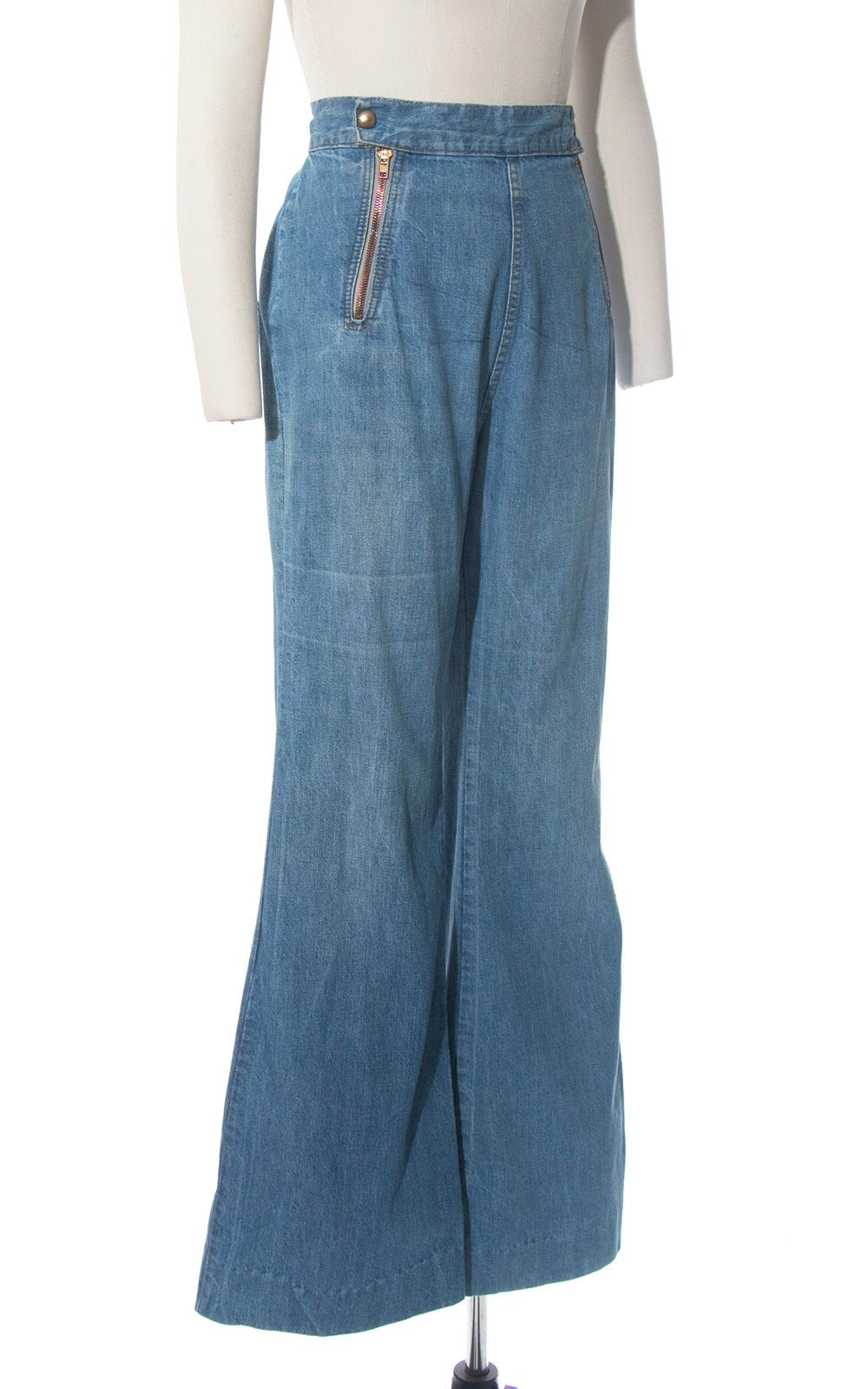 Vintage 1970s Bell Bottoms | 70s Double Zippered Light Blue Wash Denim Jeans High Waisted Distressed Flared Pants (medium)