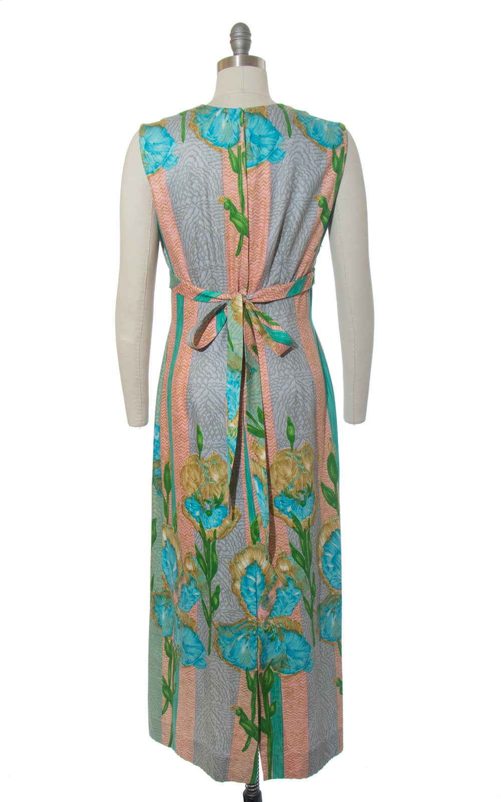 Vintage 1960s Dress | 60s Hawaiian Floral Border Print Cotton Sundress Jewel Tone Empire Waist Maxi Tiki Dress Hostess Gown (medium)