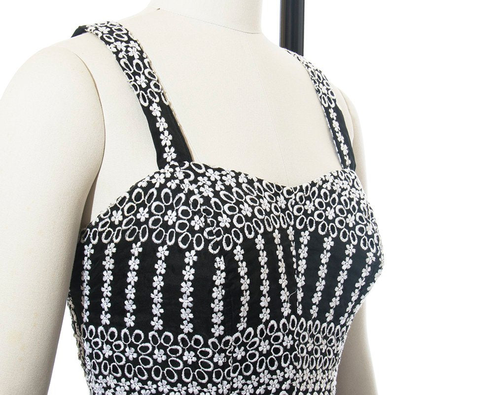 Vintage 1950s Romper | 50s JANTZEN Floral Embroidered Swimsuit Smocked Black White Playsuit (small)