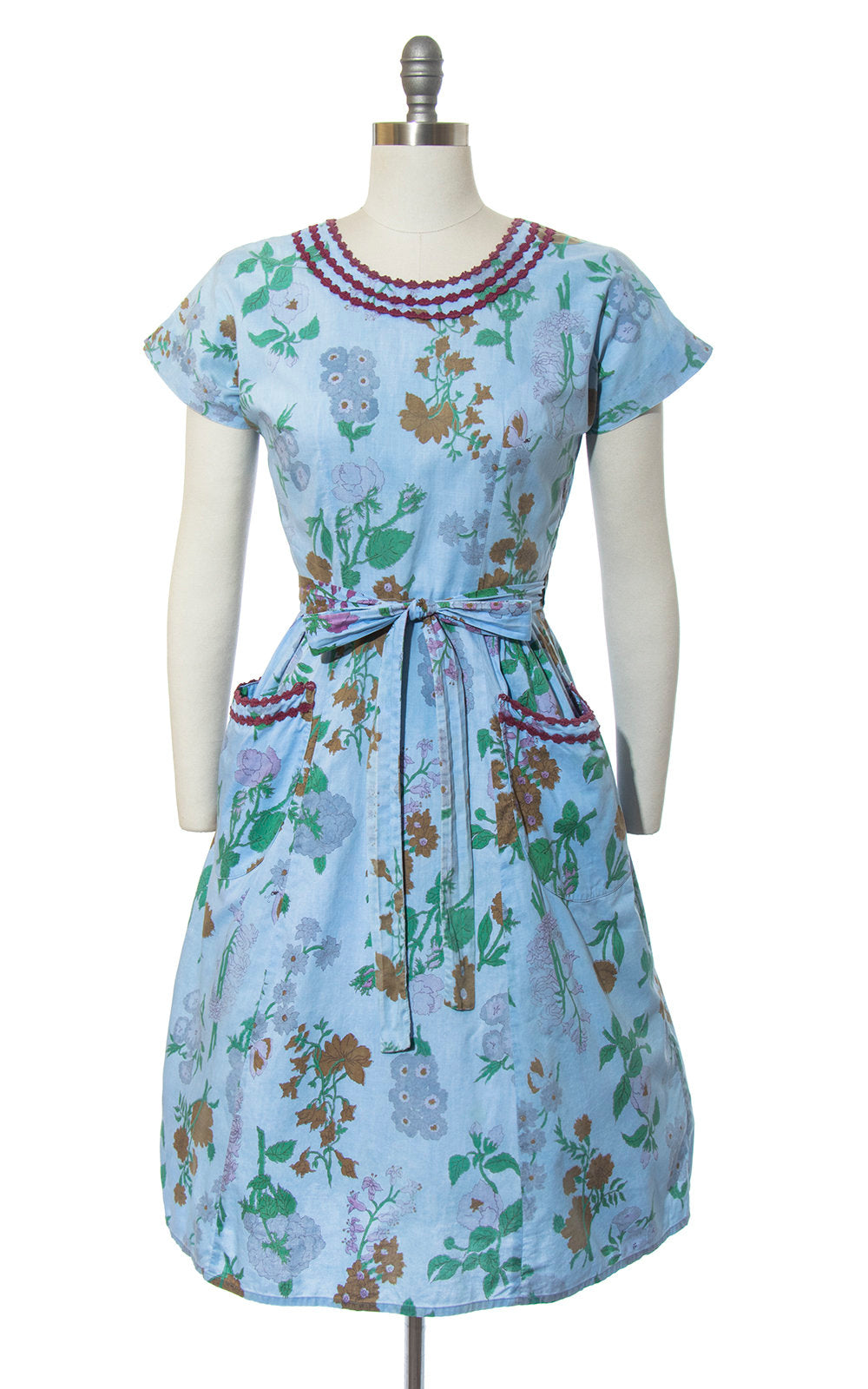 Vintage 1950s Dress | 50s SWIRL Wrap Dress Floral Butterfly Print Cotton Blue Full Skirt Day Dress with Pockets (small/medium)