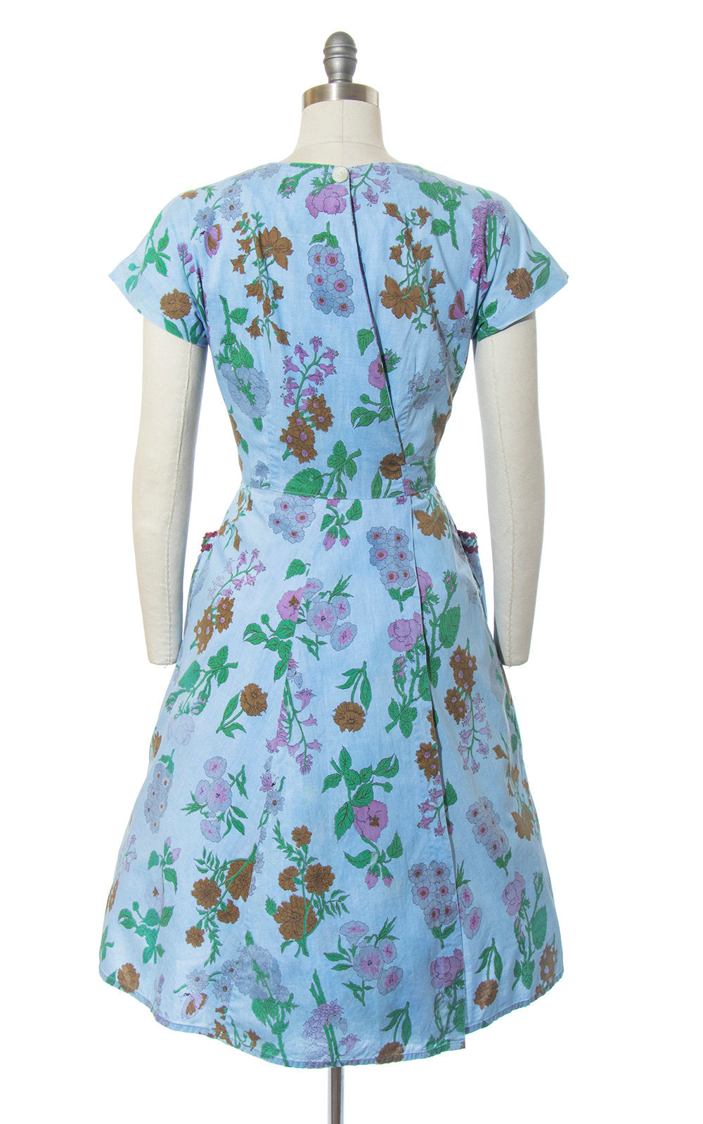 Vintage 1950s Dress | 50s SWIRL Wrap Dress Floral Butterfly Print Cotton Blue Full Skirt Day Dress with Pockets (small/medium)