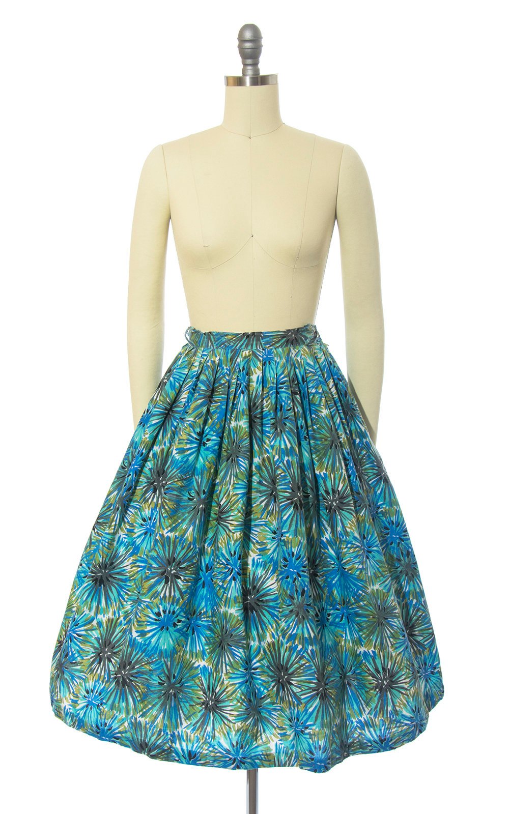 Vintage 1950s Skirt | 50s Dandelion Fireworks Print Cotton Blue Green Full Swing Skirt (small)