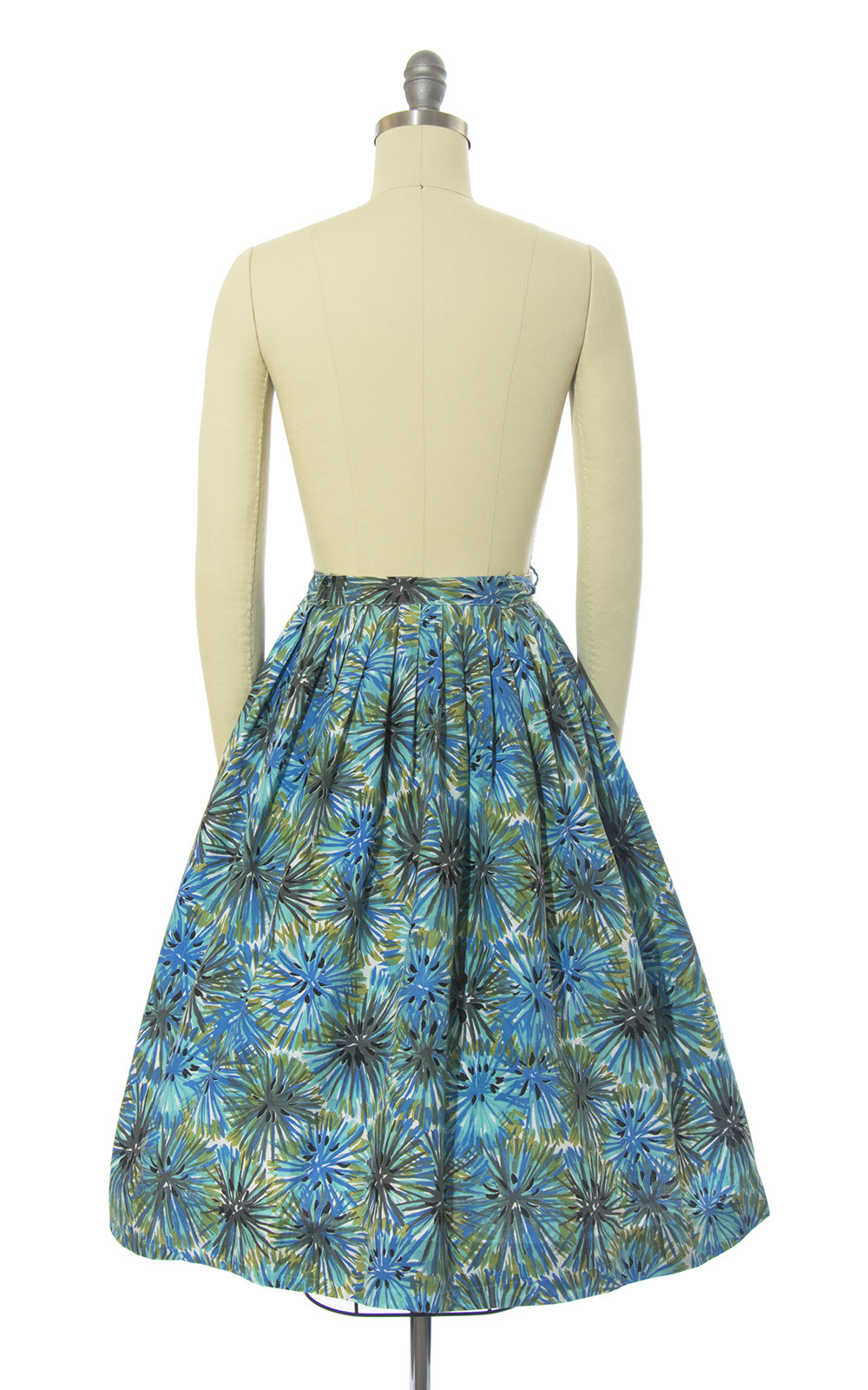 Vintage 1950s Skirt | 50s Dandelion Fireworks Print Cotton Blue Green Full Swing Skirt (small)
