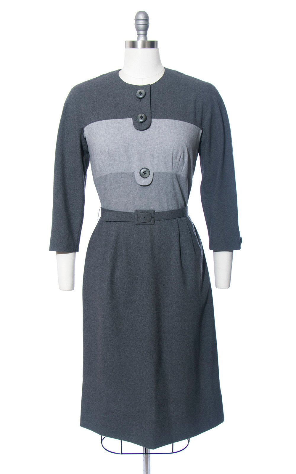Vintage 1960s Dress | 60s Grey Wool Color Block Wiggle Dress Blade Runner Rachel Striped Day Dress (medium)
