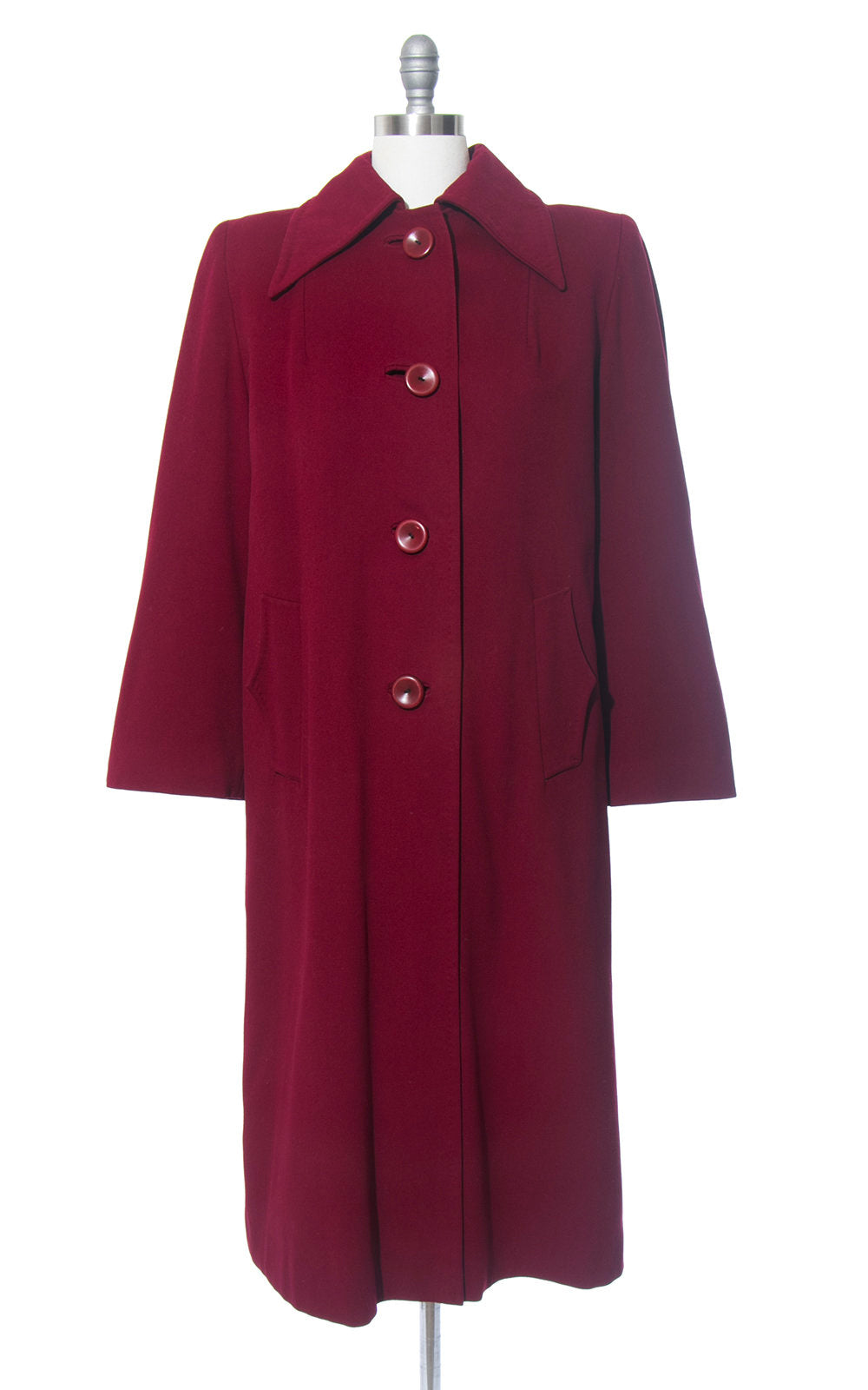 Vintage 1940s Coat | 40s Burgundy Wool Twill Coat Removable Wool Liner Long Warm Winter Coat (medium/large)