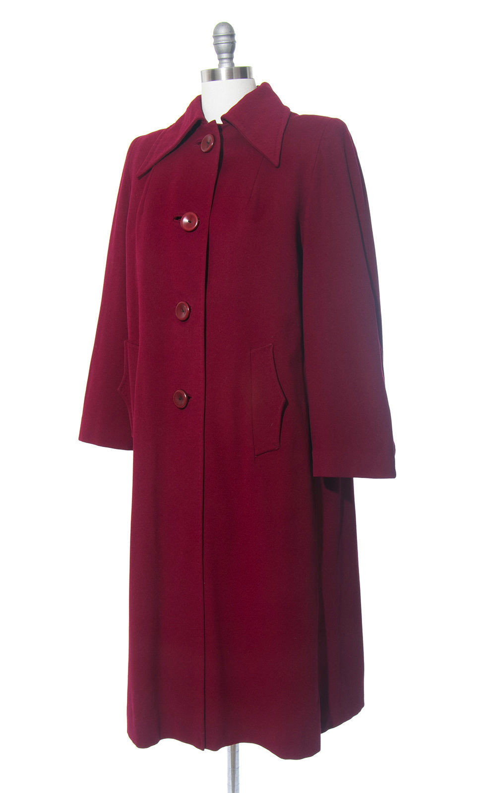 Vintage 1940s Coat | 40s Burgundy Wool Twill Coat Removable Wool Liner Long Warm Winter Coat (medium/large)
