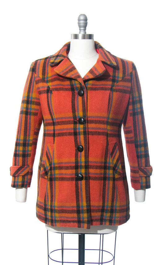 Vintage 1970s Coat | 70s Orange Plaid Pea Coat Short Warm Winter Jacket (medium)
