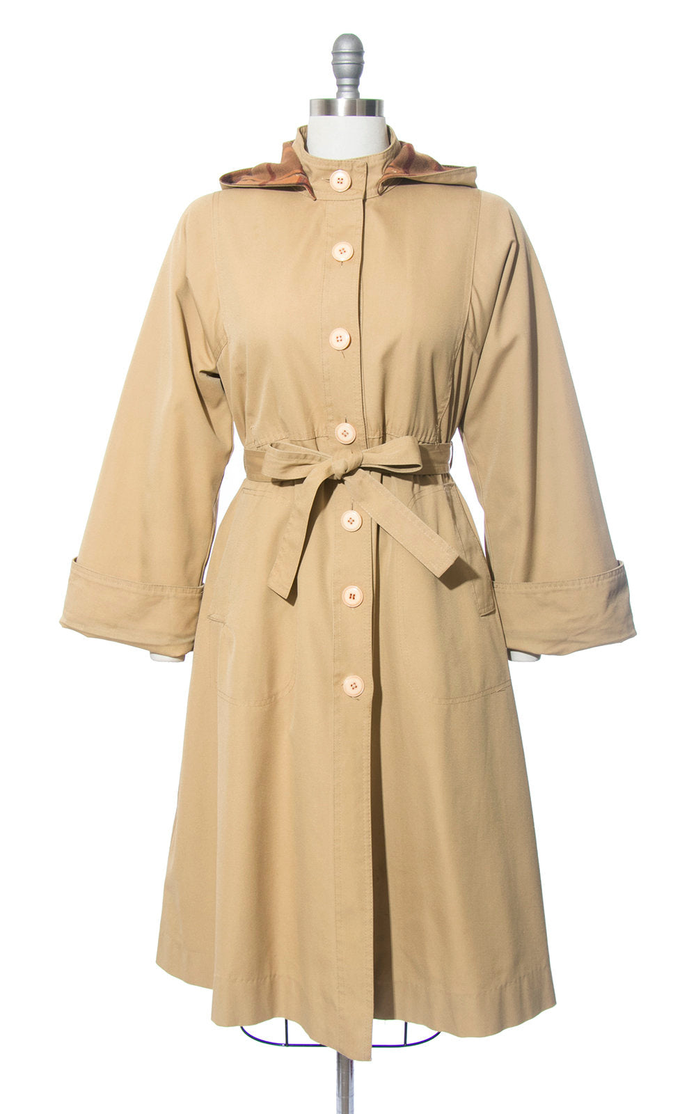 1970s Hooded Plaid Lined Tan Belted Trench Coat | medium – Birthday ...